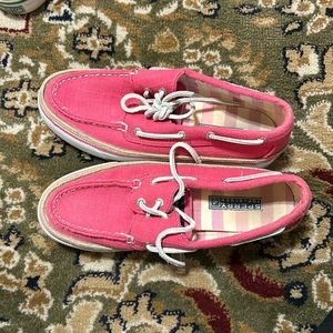 pink and white casual shoes